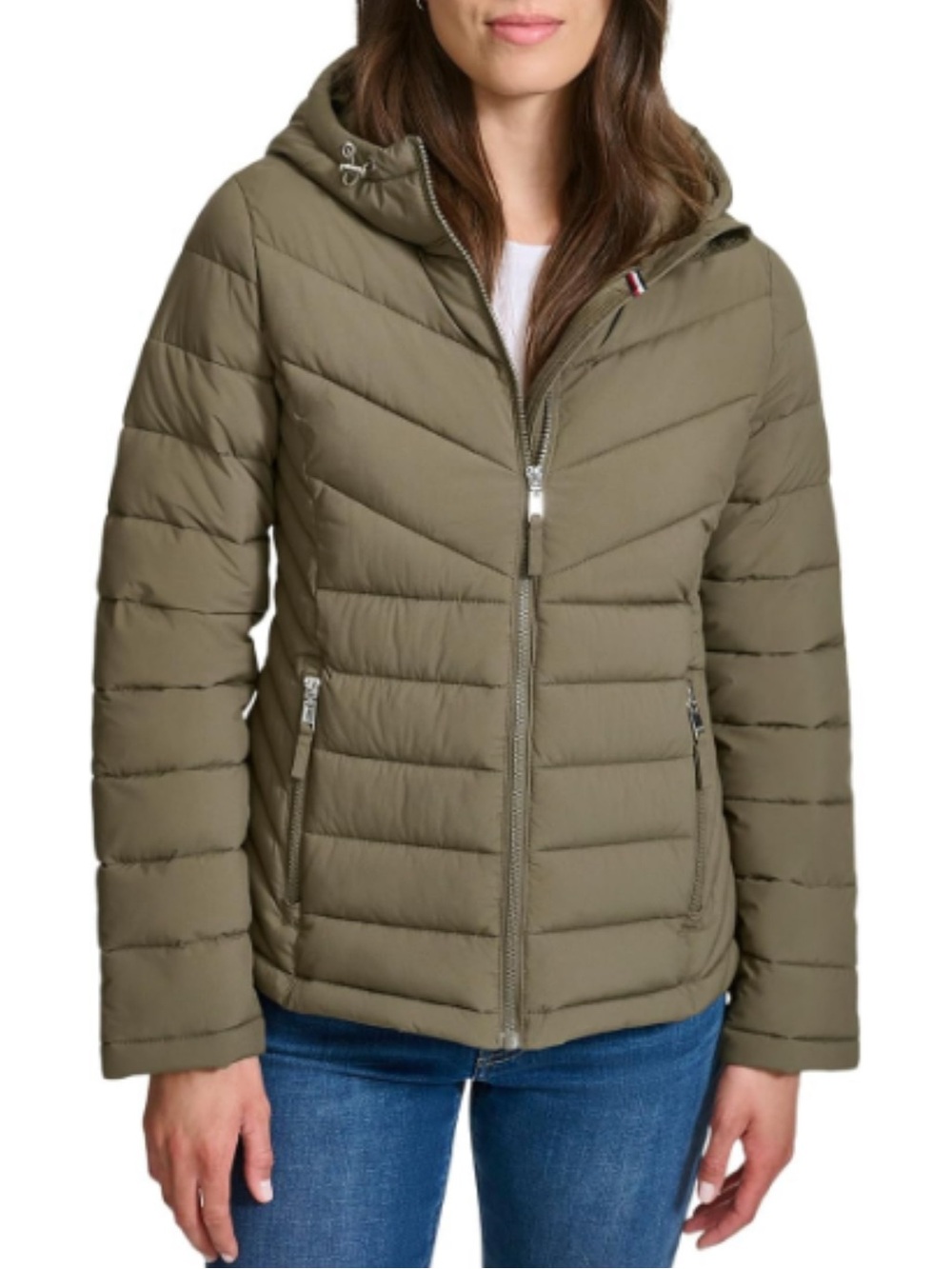 Tommy Hilfiger Olive Green Quilted Hooded Puffer Jacket packable